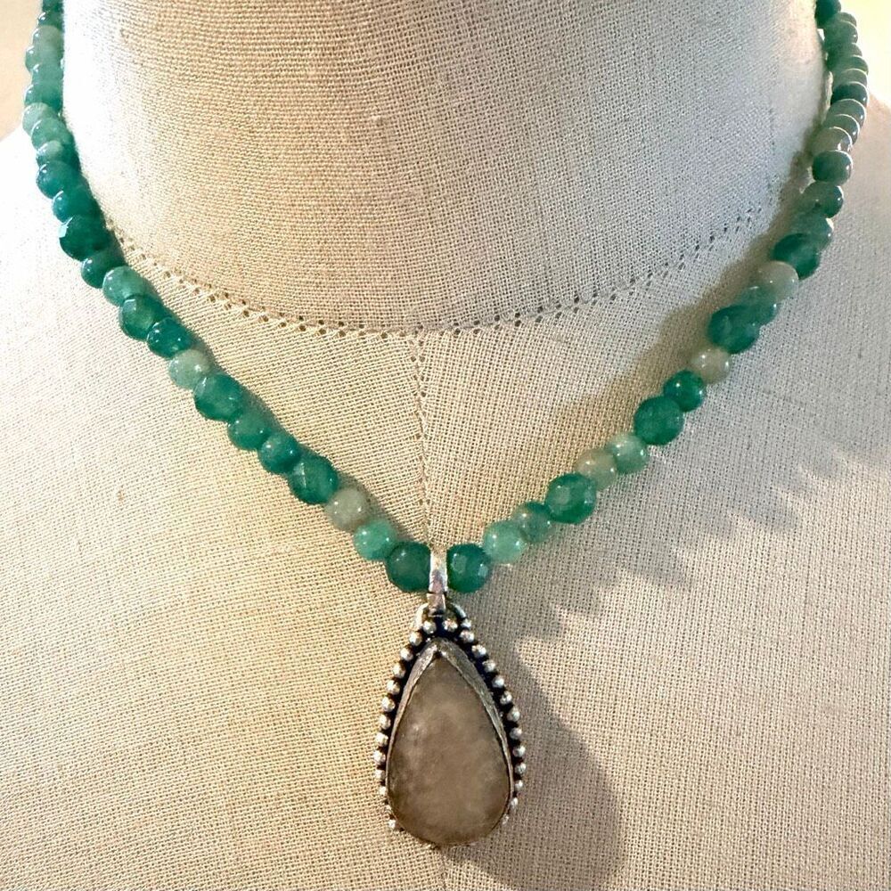 Green Aventurine Beaded Necklace w/ Chalcedony Teardrop Pendant | Sterling Clasp